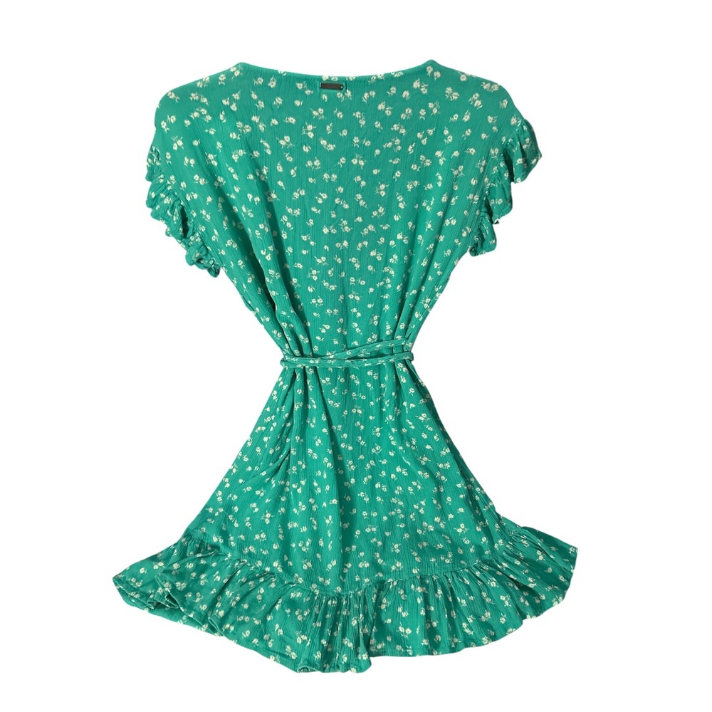 Boho BillabongFloral Wrap Mini Dress Teal Green Ruffle Sleeve Summer V-Neck sm - Picture 2 of 4